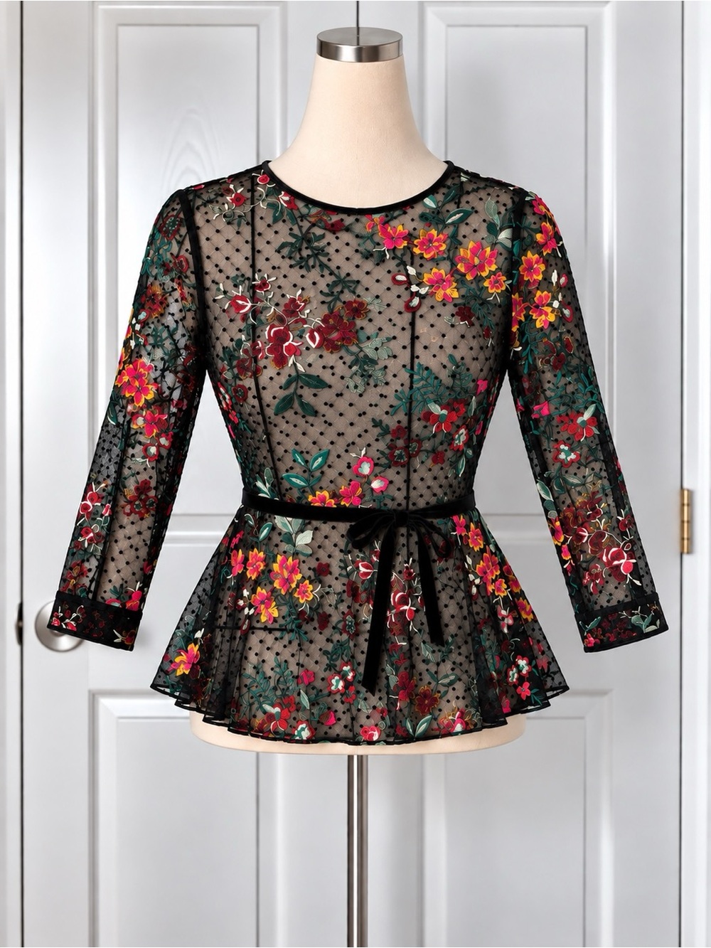 Zara Woman Black Sheer Mesh Embroidered Floral Blouse Long Sleeve M